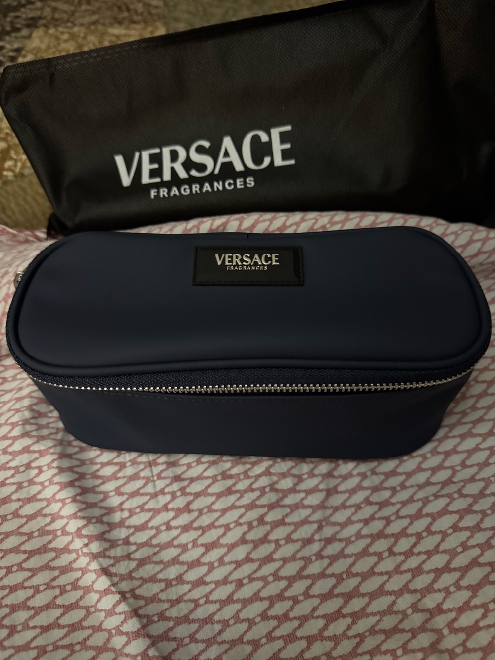 Versace Navy Men's Toiletry Bag with Silver Zip